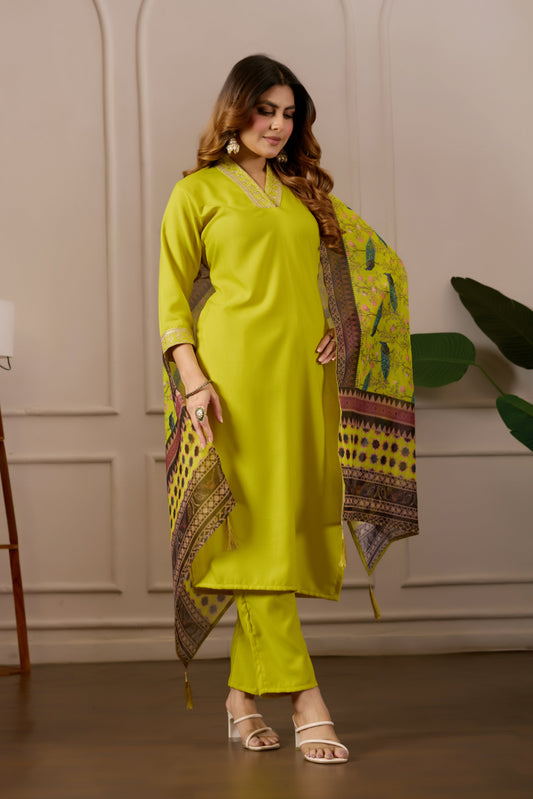 Yellow Embroidered Kurta Set with Printed Dupatta, 3 Piece Suit