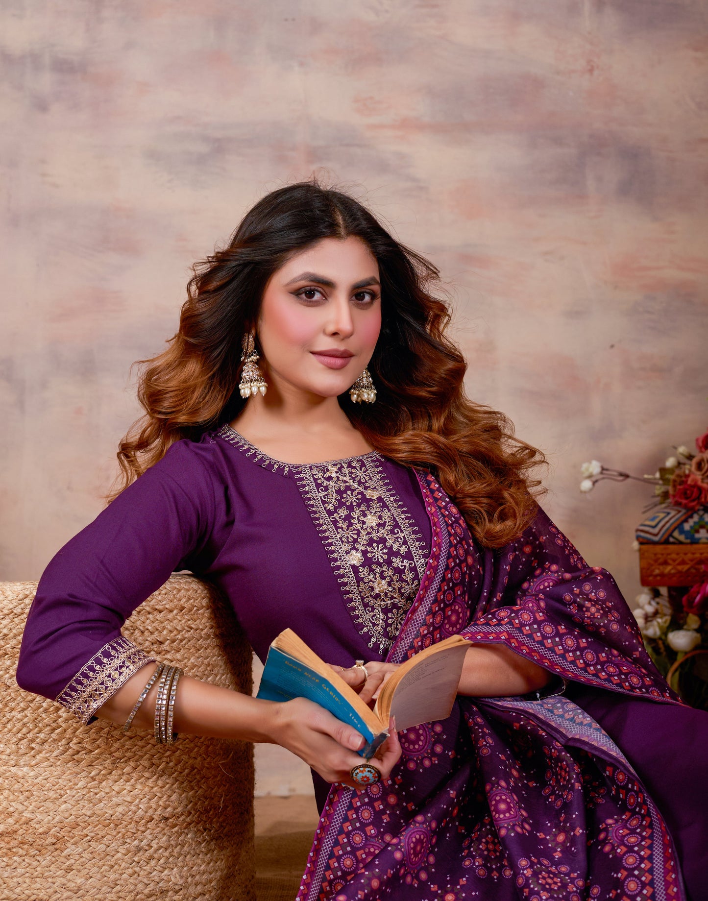 Purple Ethnic Embroidered Thread Work Kurta with Trousers & Dupatta.