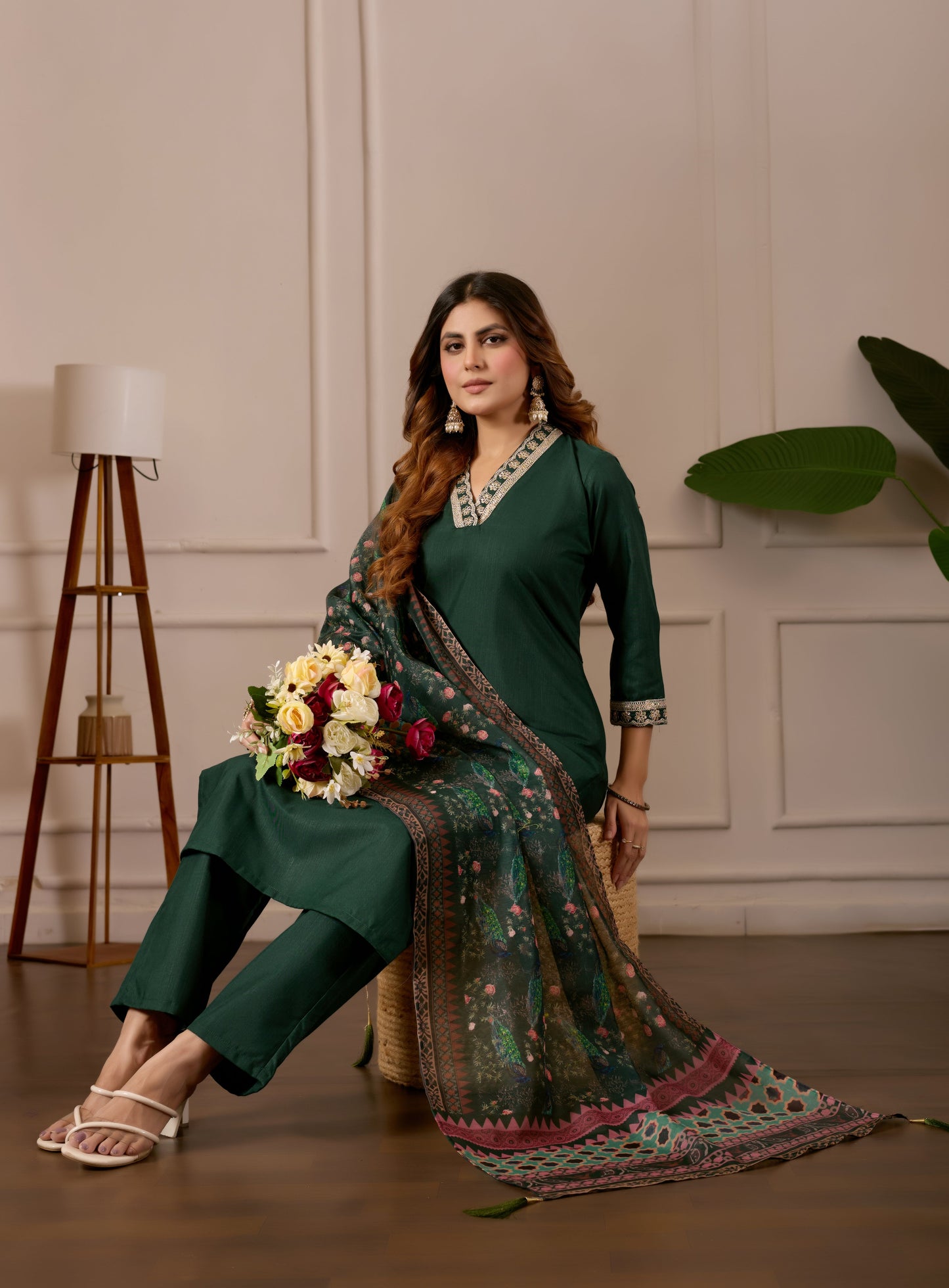 Green Embroidered Kurta Set with Printed Dupatta, 3 Piece Suit
