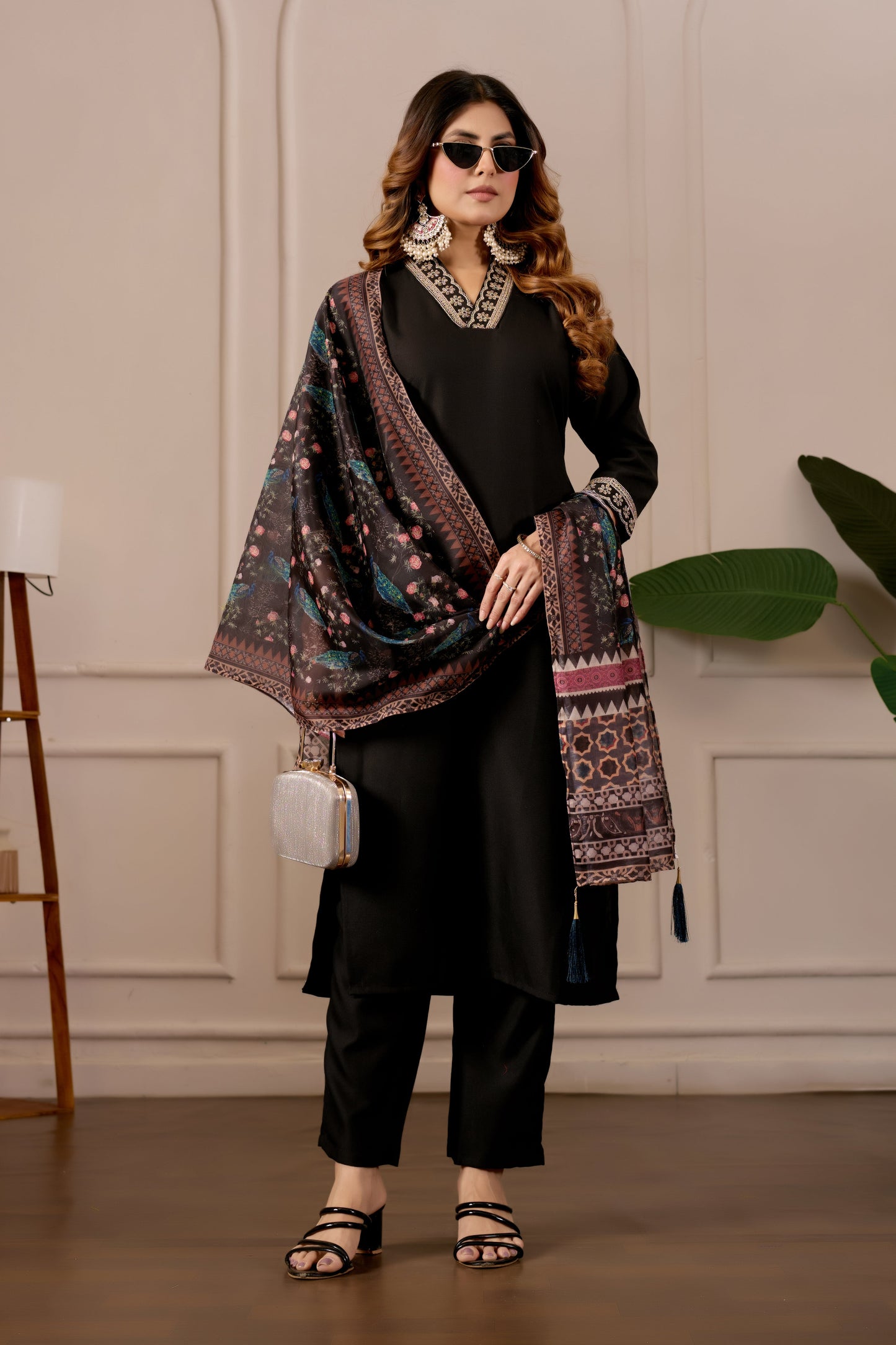 Black Embroidered Kurta Set with Printed Dupatta, 3 Piece Suit