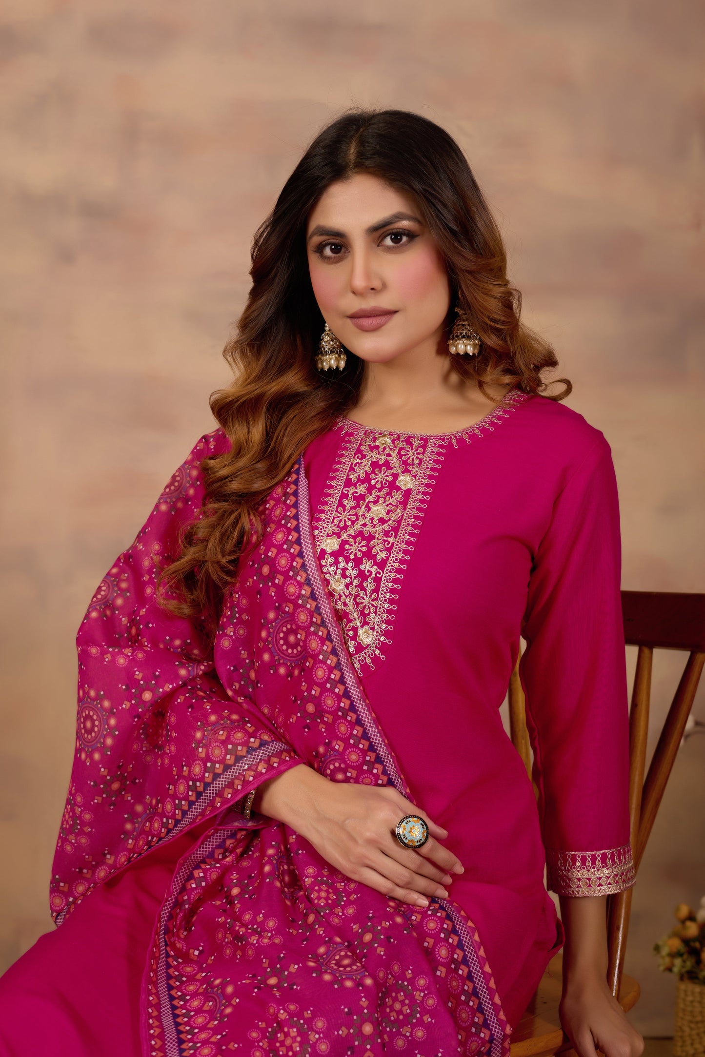 Pink Ethnic Embroidered Thread Work Kurta with Trousers & Dupatta.