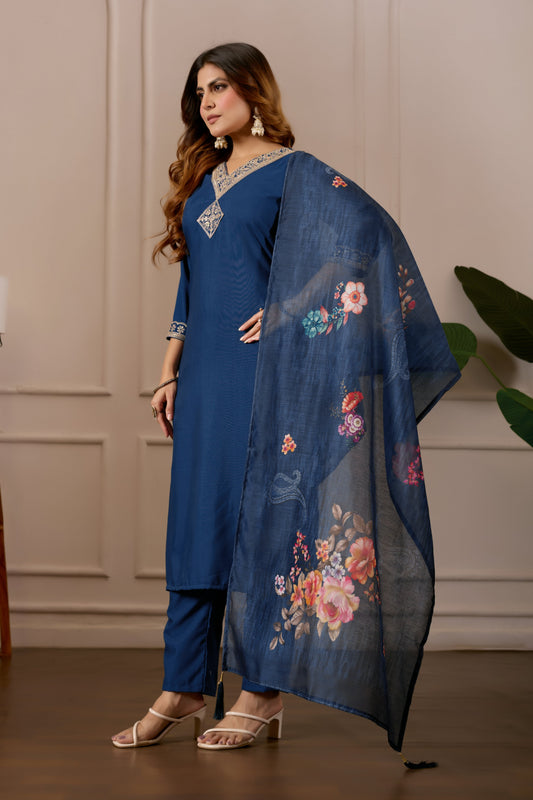Navy Blue Embroidered Regular Pure Cotton Kurti with Pyjamas With Dupatta