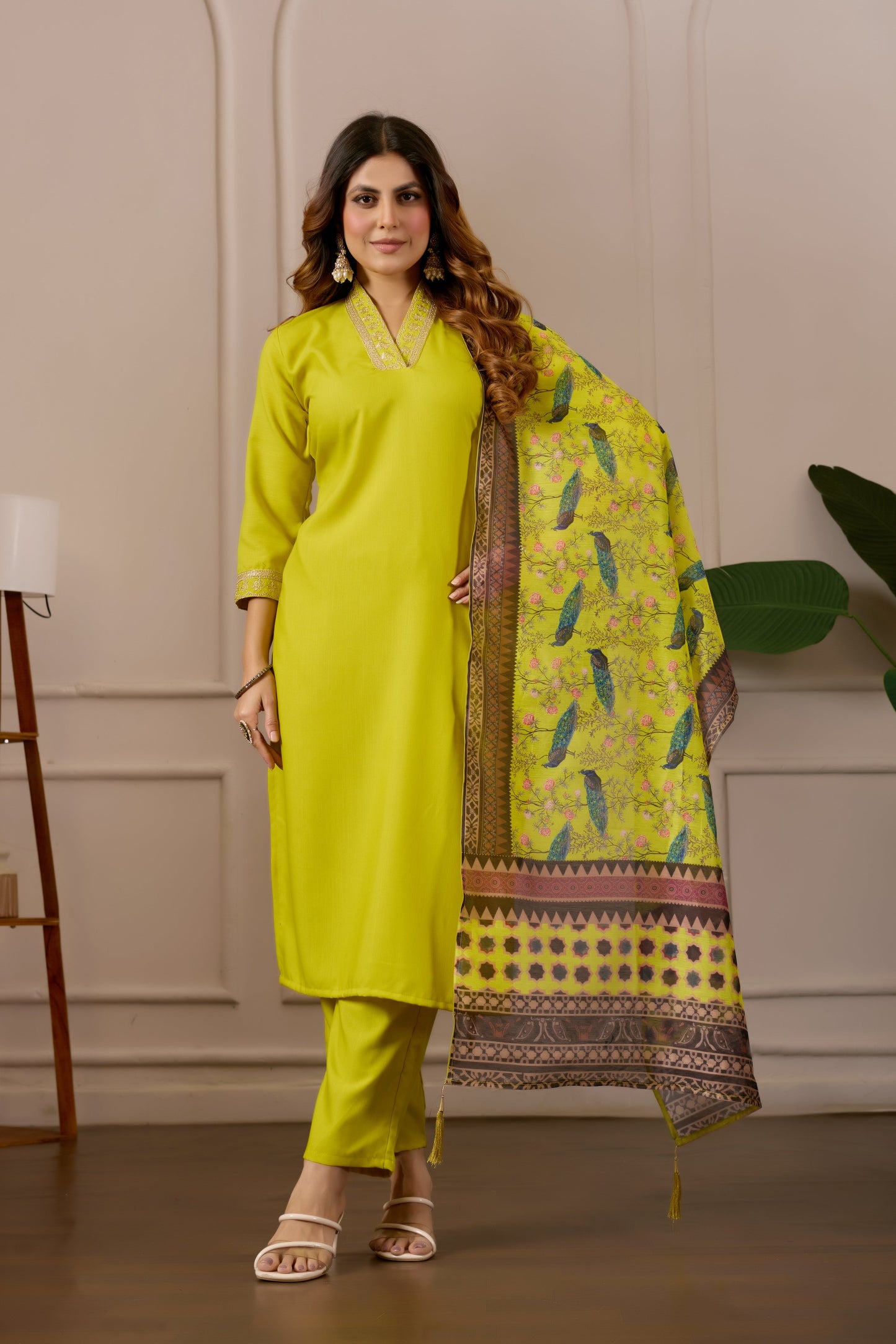 Yellow Embroidered Kurta Set with Printed Dupatta, 3 Piece Suit