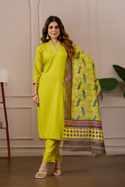 Yellow Embroidered Kurta Set with Printed Dupatta, 3 Piece Suit