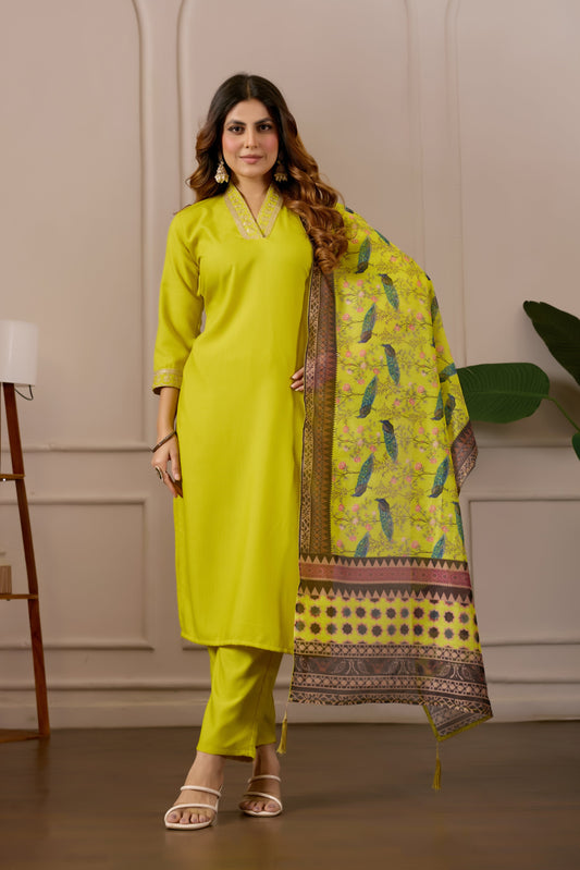 Yellow Embroidered Kurta Set with Printed Dupatta, 3 Piece Suit