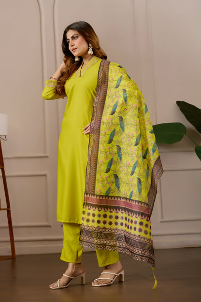 Yellow Embroidered Kurta Set with Printed Dupatta, 3 Piece Suit