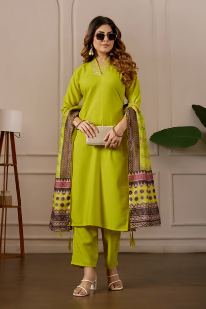 Yellow Embroidered Kurta Set with Printed Dupatta, 3 Piece Suit