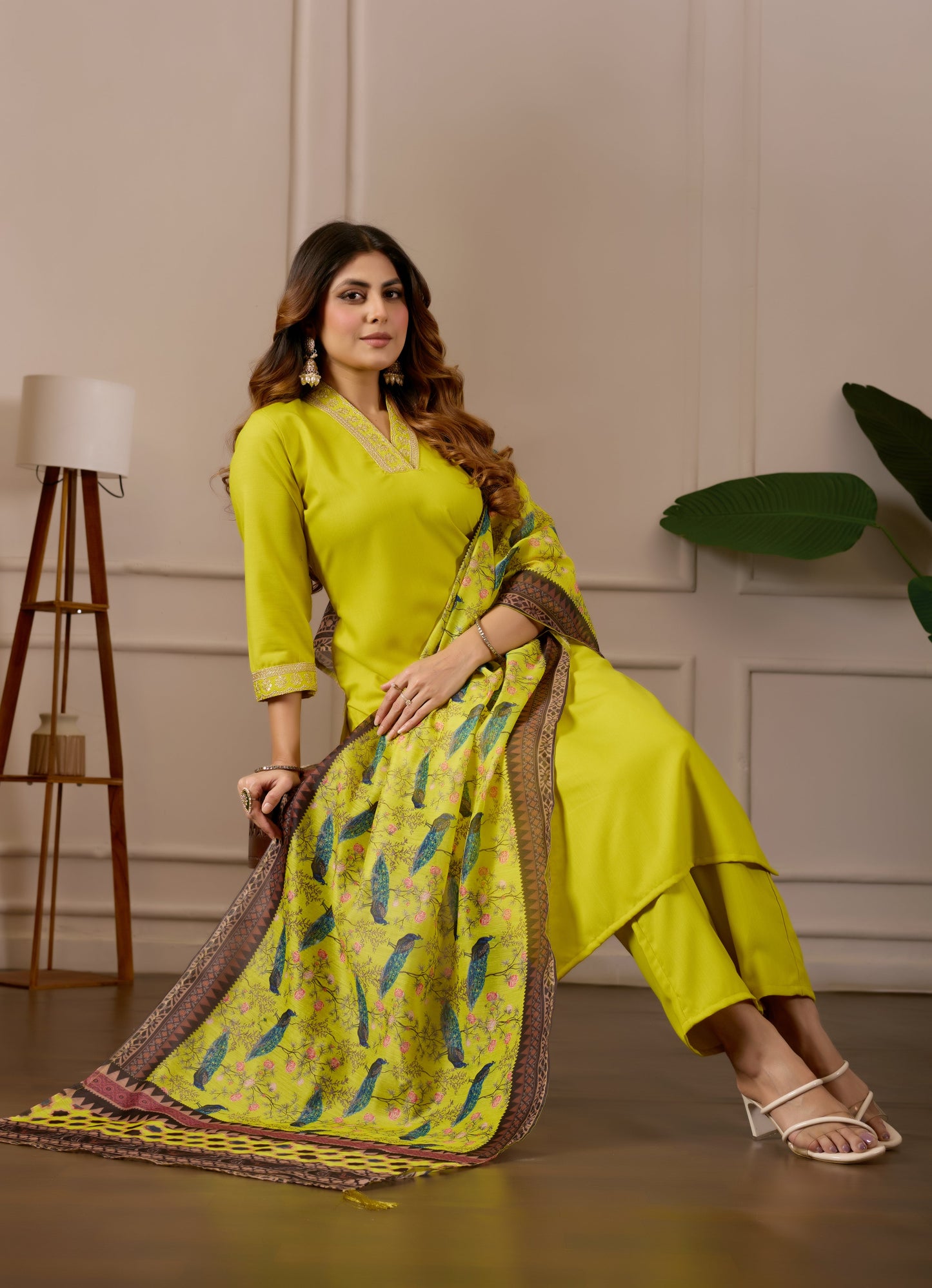 Yellow Embroidered Kurta Set with Printed Dupatta, 3 Piece Suit