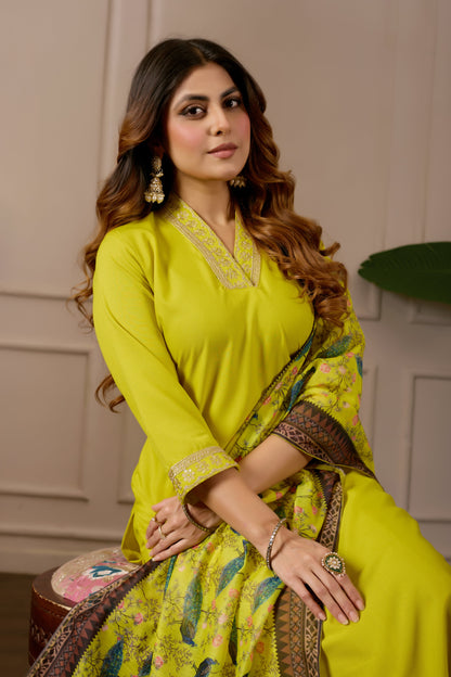 Yellow Embroidered Kurta Set with Printed Dupatta, 3 Piece Suit