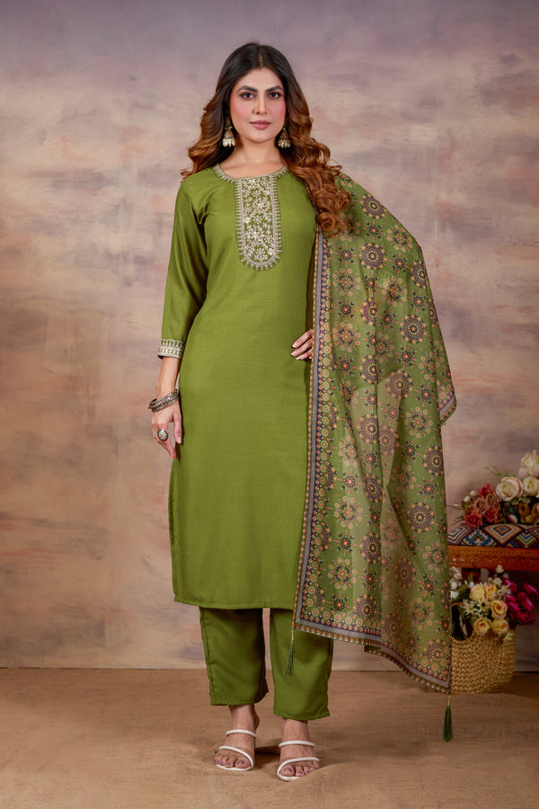 Green Ethnic Embroidered Thread Work Kurta with Trousers & Dupatta.