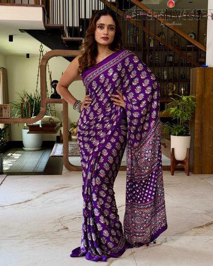 Royal Purple Pure Modal Silk Saree with Ajrakh Inspired Floral Print & Heritage Designer Pallu
