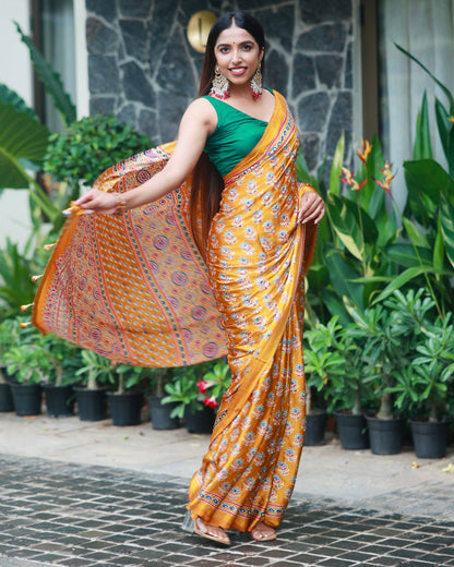 Mustard Gold Pure Modal Silk Saree with Ajrakh Inspired Floral Print & Heritage Designer Pallu