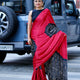 Women’s Ruby Red Pure Modal Silk Saree with Black Folk Art Border & Traditional Tribal Print Designer Pallu