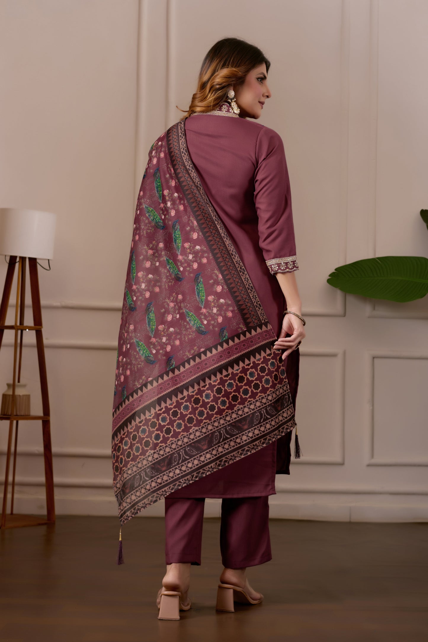 Brown Embroidered Kurta Set with Printed Dupatta, 3 Piece Suit