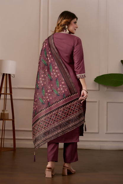 Brown Embroidered Kurta Set with Printed Dupatta, 3 Piece Suit