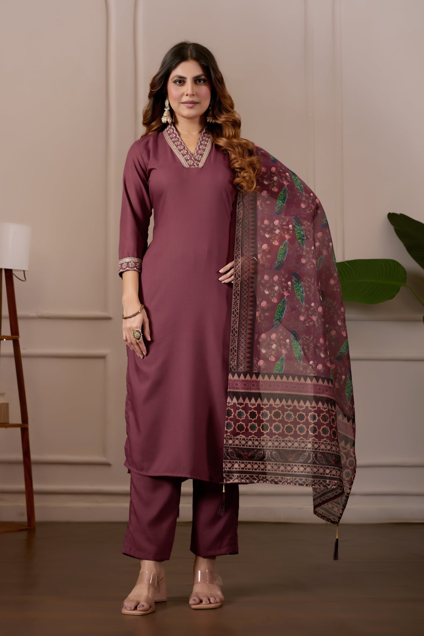 Brown Embroidered Kurta Set with Printed Dupatta, 3 Piece Suit