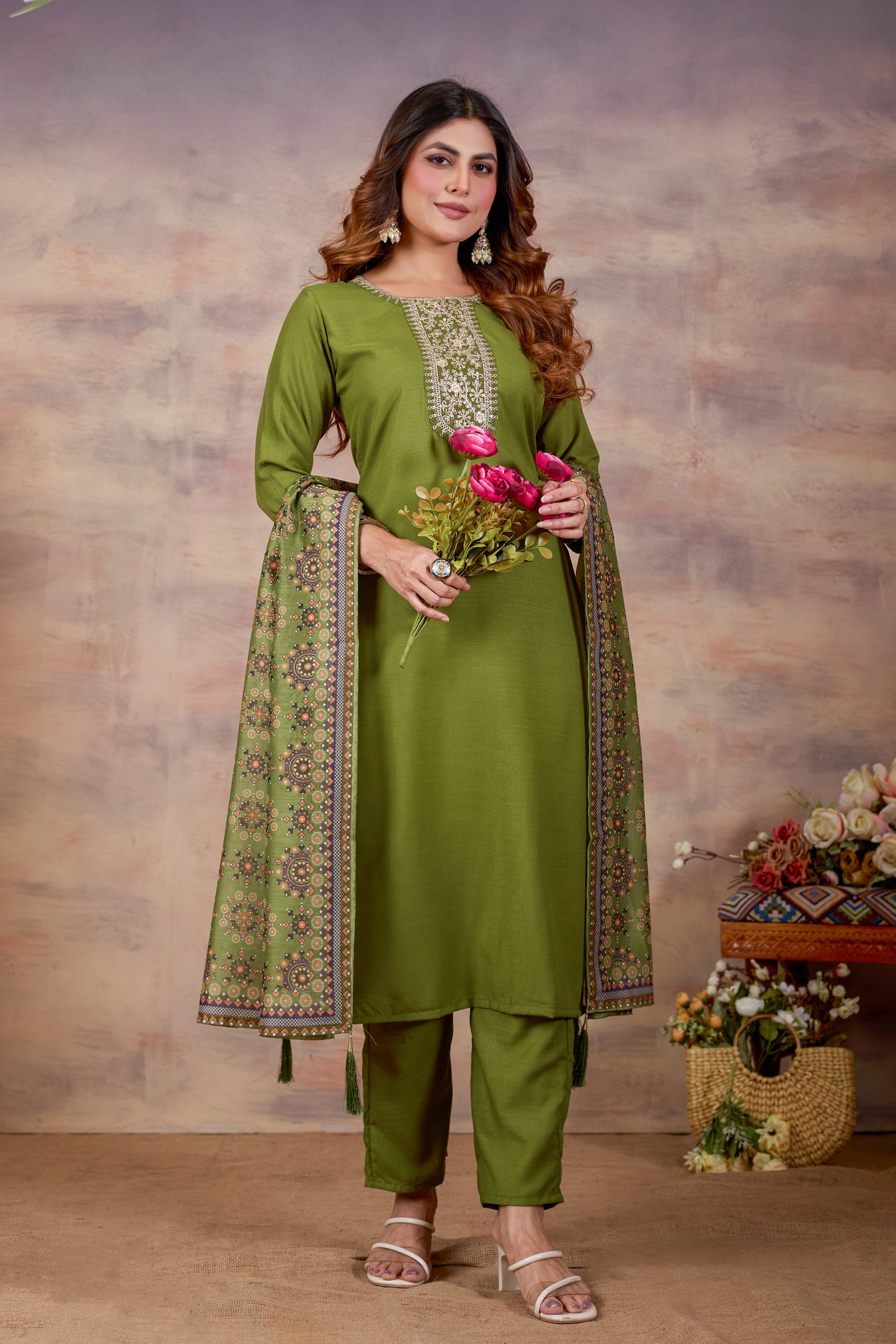 Green Ethnic Embroidered Thread Work Kurta with Trousers & Dupatta.