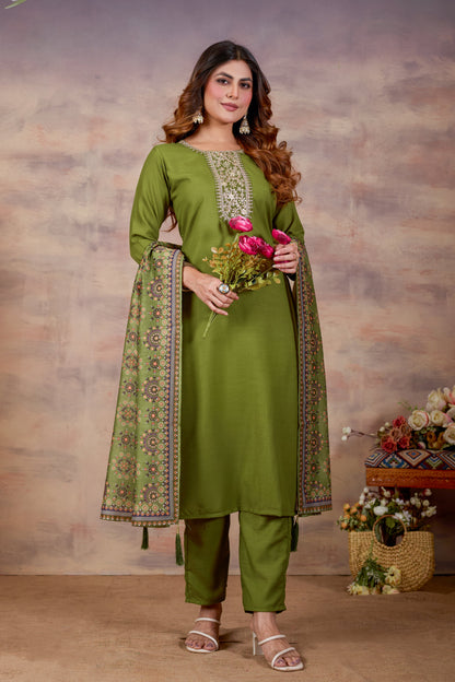 Green Ethnic Embroidered Thread Work Kurta with Trousers & Dupatta.