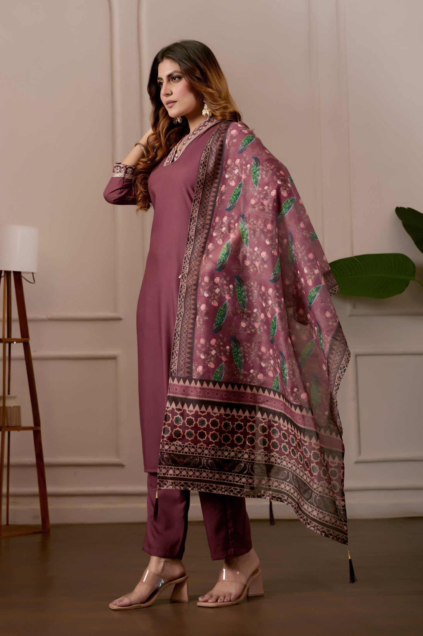 Brown Embroidered Kurta Set with Printed Dupatta, 3 Piece Suit