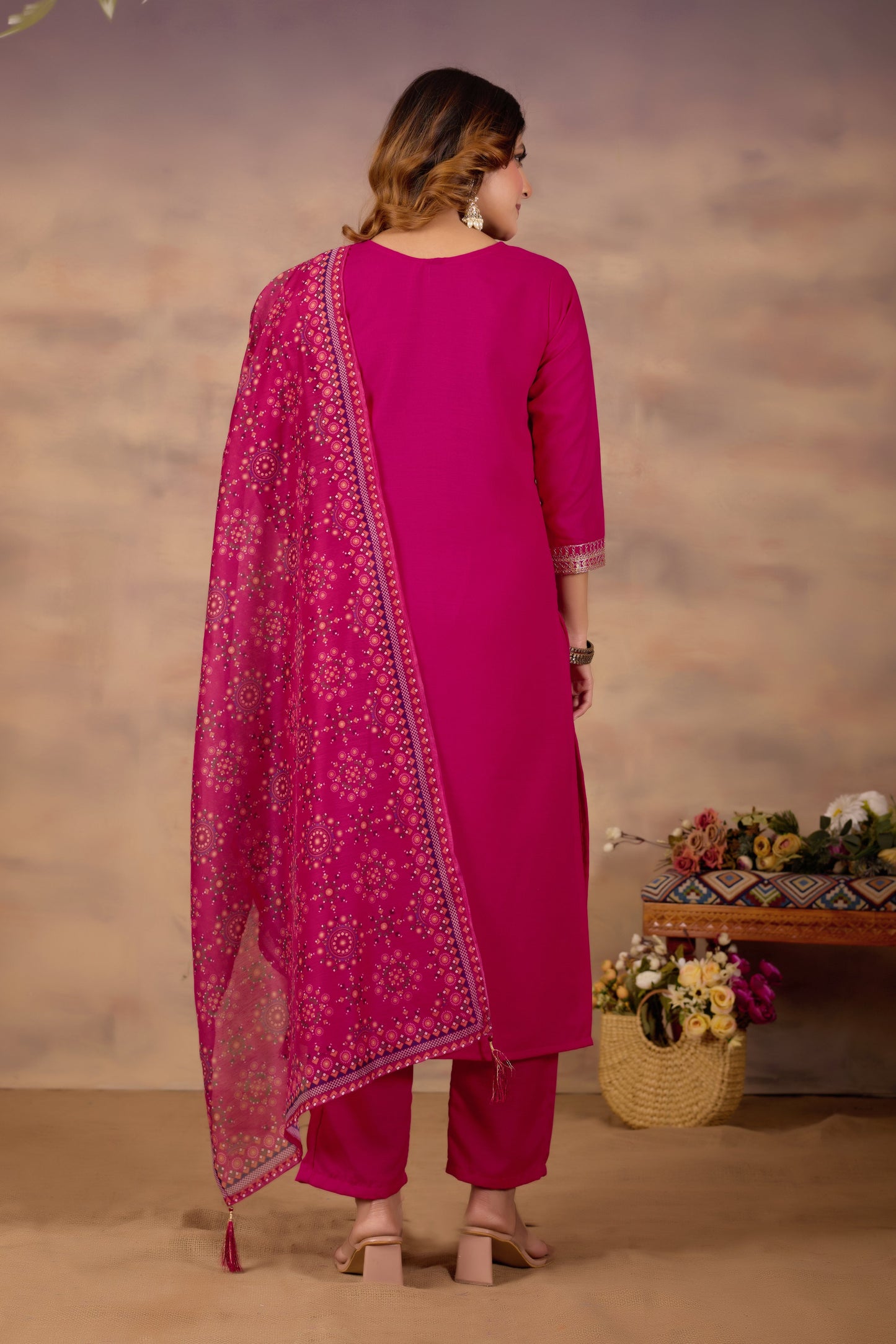 Pink Ethnic Embroidered Thread Work Kurta with Trousers & Dupatta.