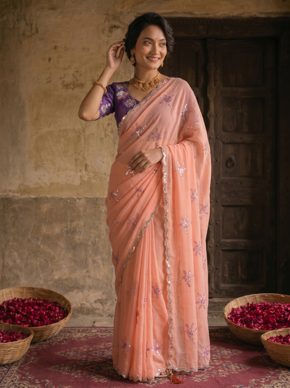 Peach Pink Georgette Embroidered Saree with Floral Sequin Work & Contrast Purple Blouse