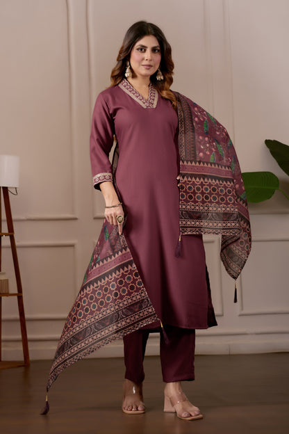 Brown Embroidered Kurta Set with Printed Dupatta, 3 Piece Suit