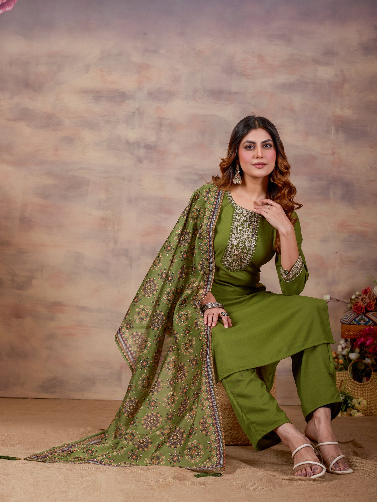 Green Ethnic Embroidered Thread Work Kurta with Trousers & Dupatta.
