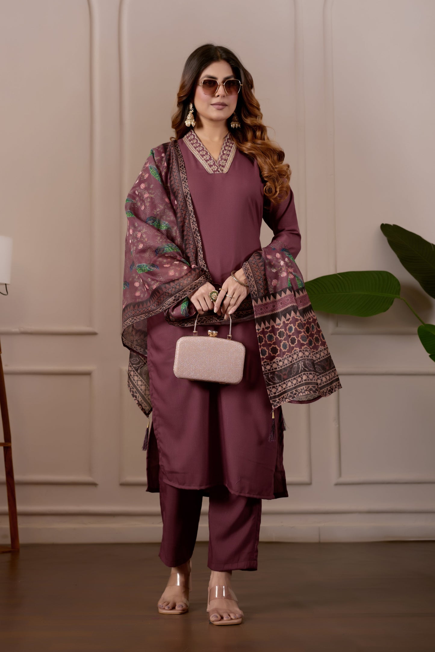 Brown Embroidered Kurta Set with Printed Dupatta, 3 Piece Suit