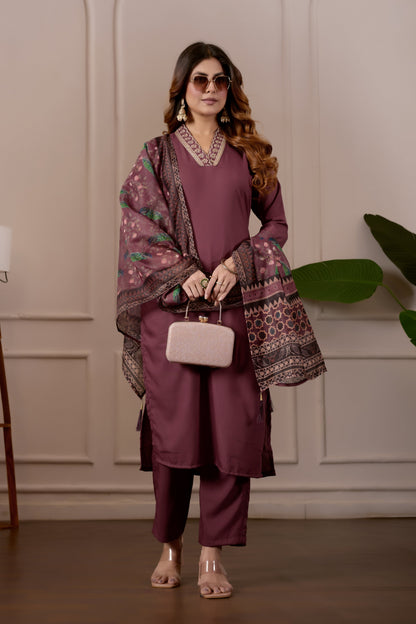 Brown Embroidered Kurta Set with Printed Dupatta, 3 Piece Suit