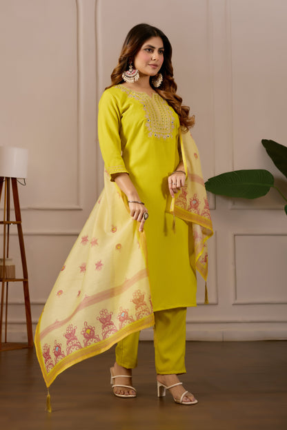 Yellow Embroidered Straight Kurta with Trousers & Dupatta