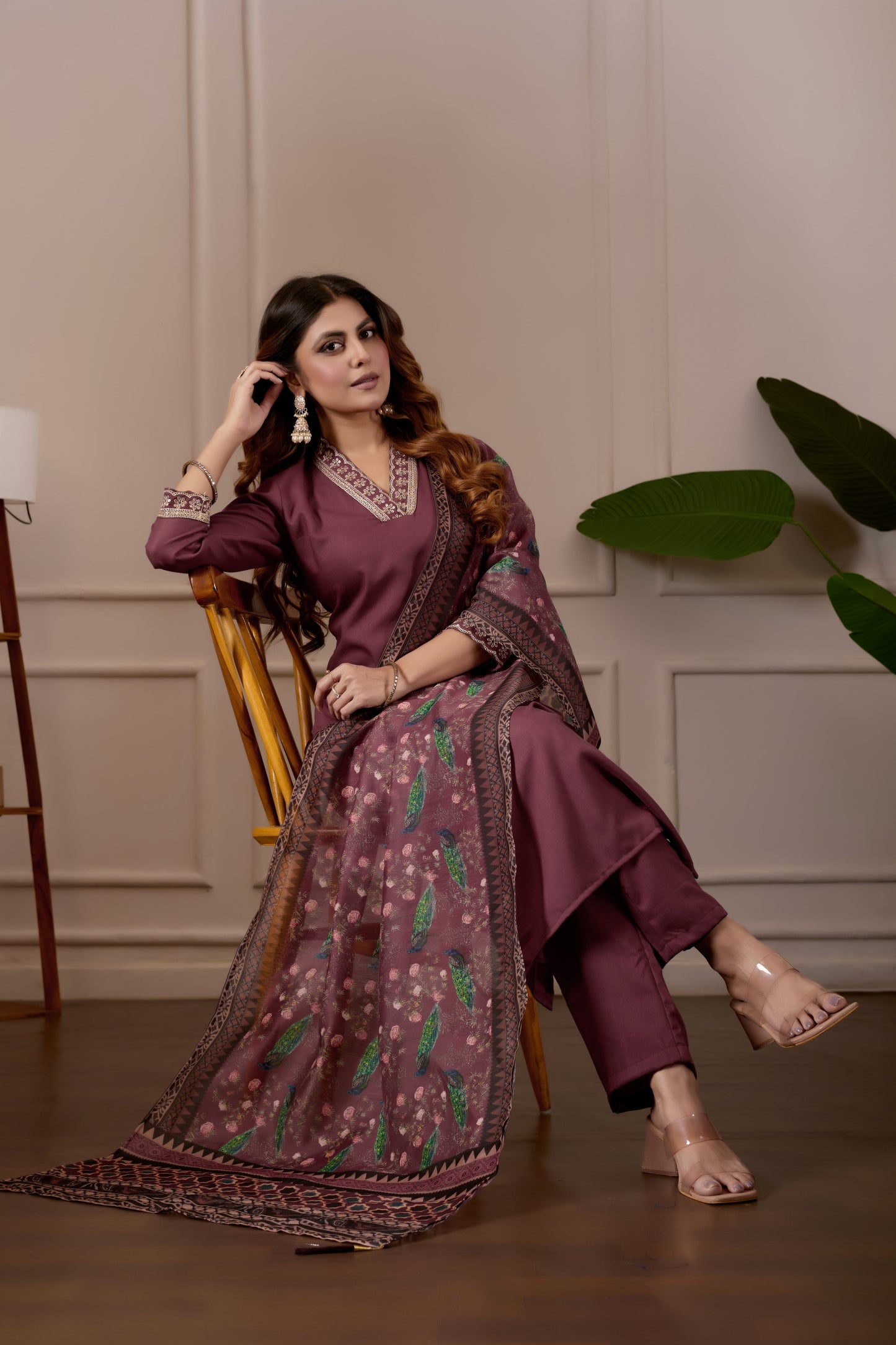 Brown Embroidered Kurta Set with Printed Dupatta, 3 Piece Suit