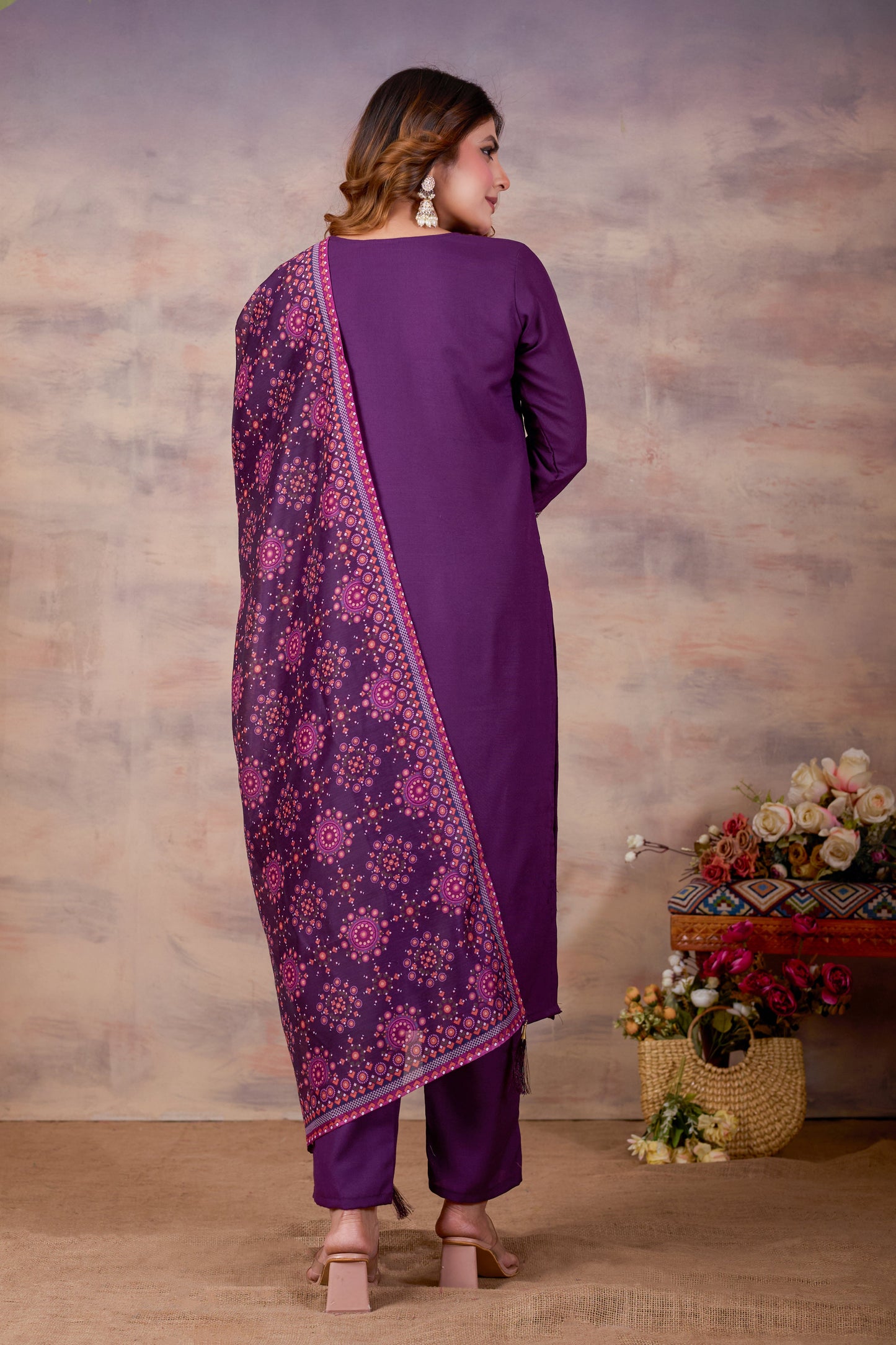 Purple Ethnic Embroidered Thread Work Kurta with Trousers & Dupatta.