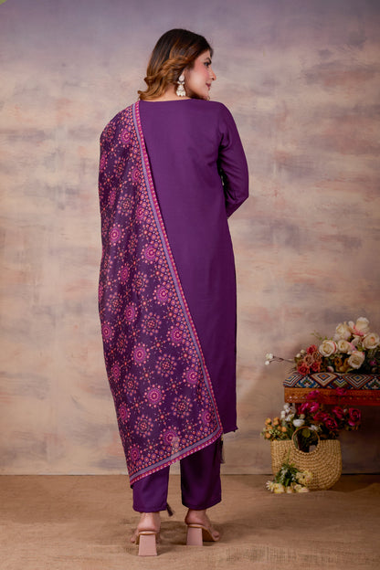 Purple Ethnic Embroidered Thread Work Kurta with Trousers & Dupatta.