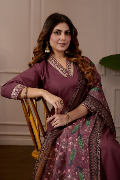 Brown Embroidered Kurta Set with Printed Dupatta, 3 Piece Suit