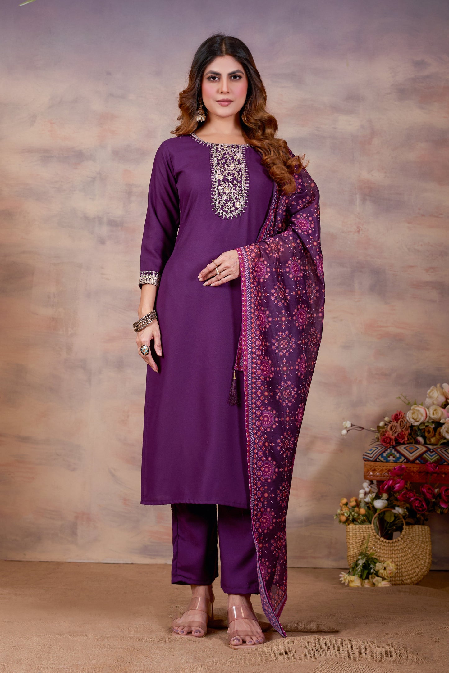 Purple Ethnic Embroidered Thread Work Kurta with Trousers & Dupatta.