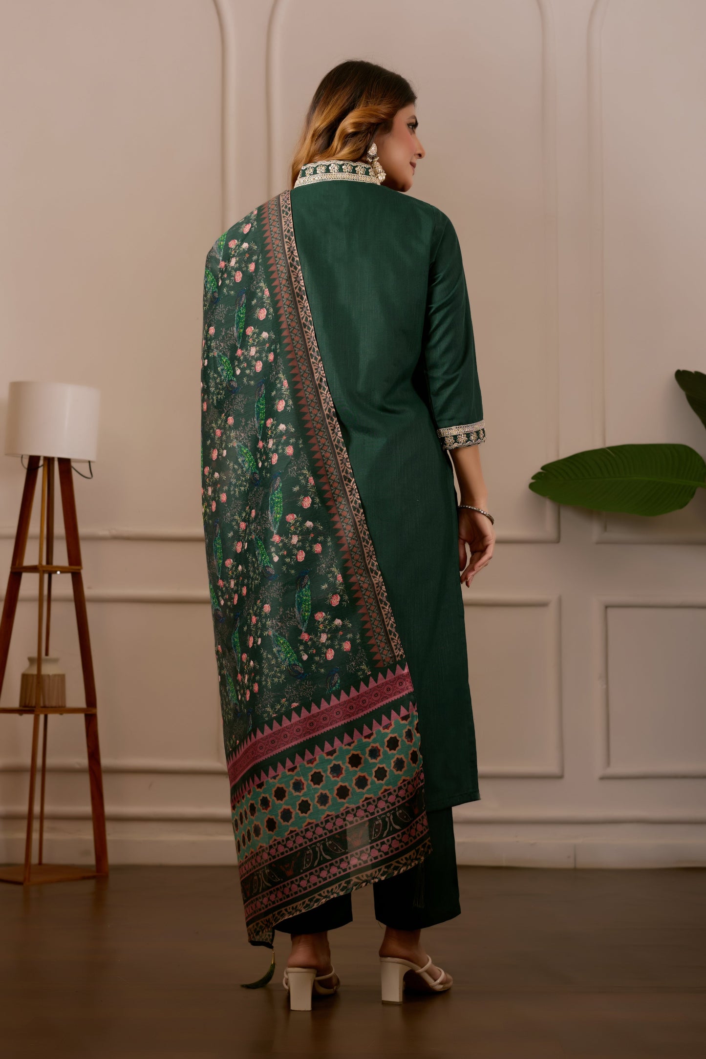 Green Embroidered Kurta Set with Printed Dupatta, 3 Piece Suit