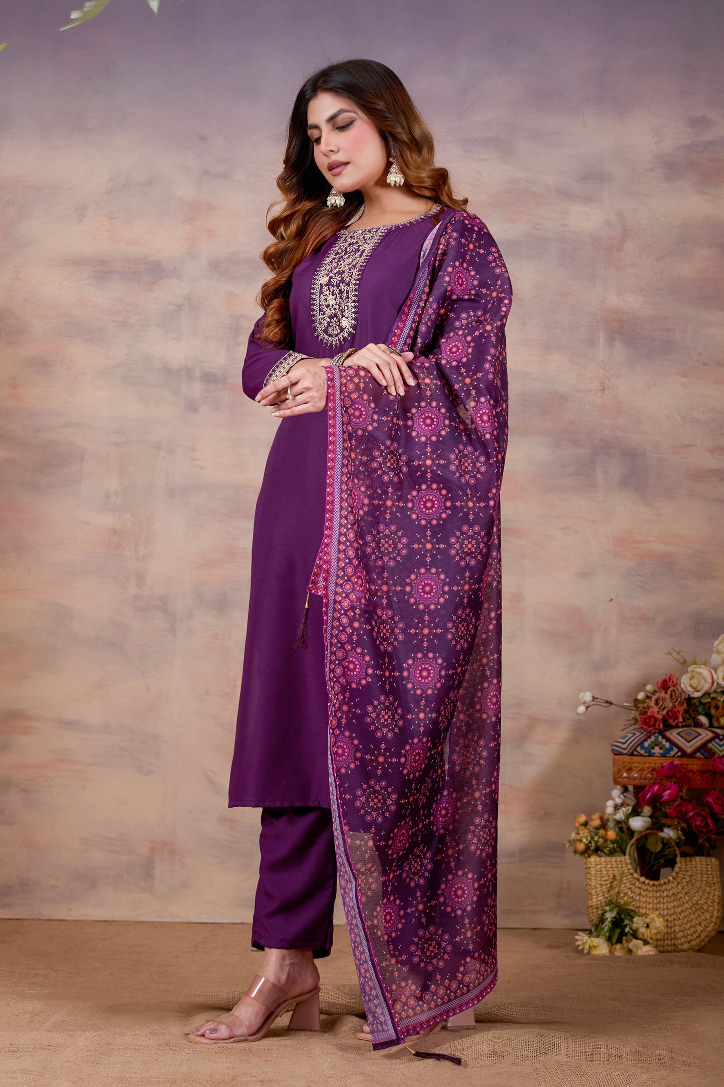 Purple Ethnic Embroidered Thread Work Kurta with Trousers & Dupatta.