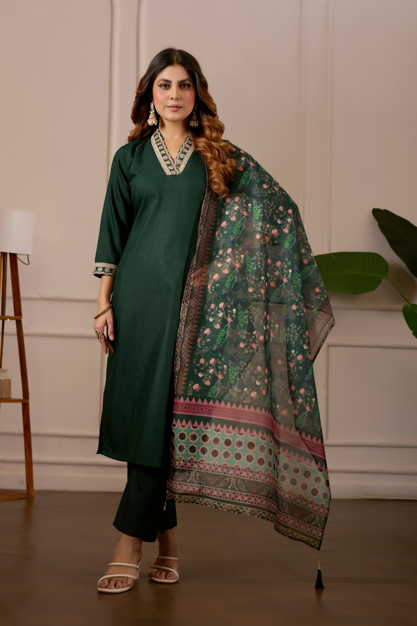 Green Embroidered Kurta Set with Printed Dupatta, 3 Piece Suit