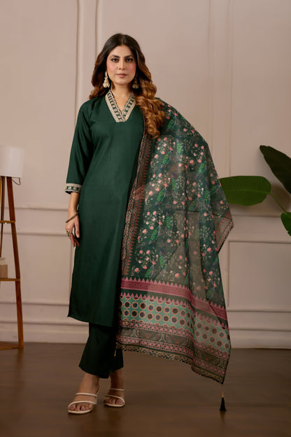 Green Embroidered Kurta Set with Printed Dupatta, 3 Piece Suit