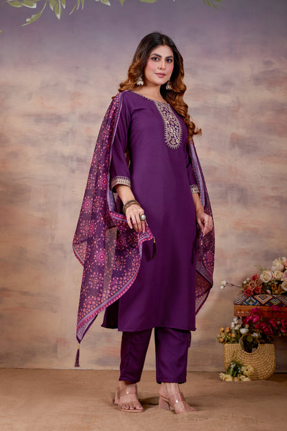 Purple Ethnic Embroidered Thread Work Kurta with Trousers & Dupatta.