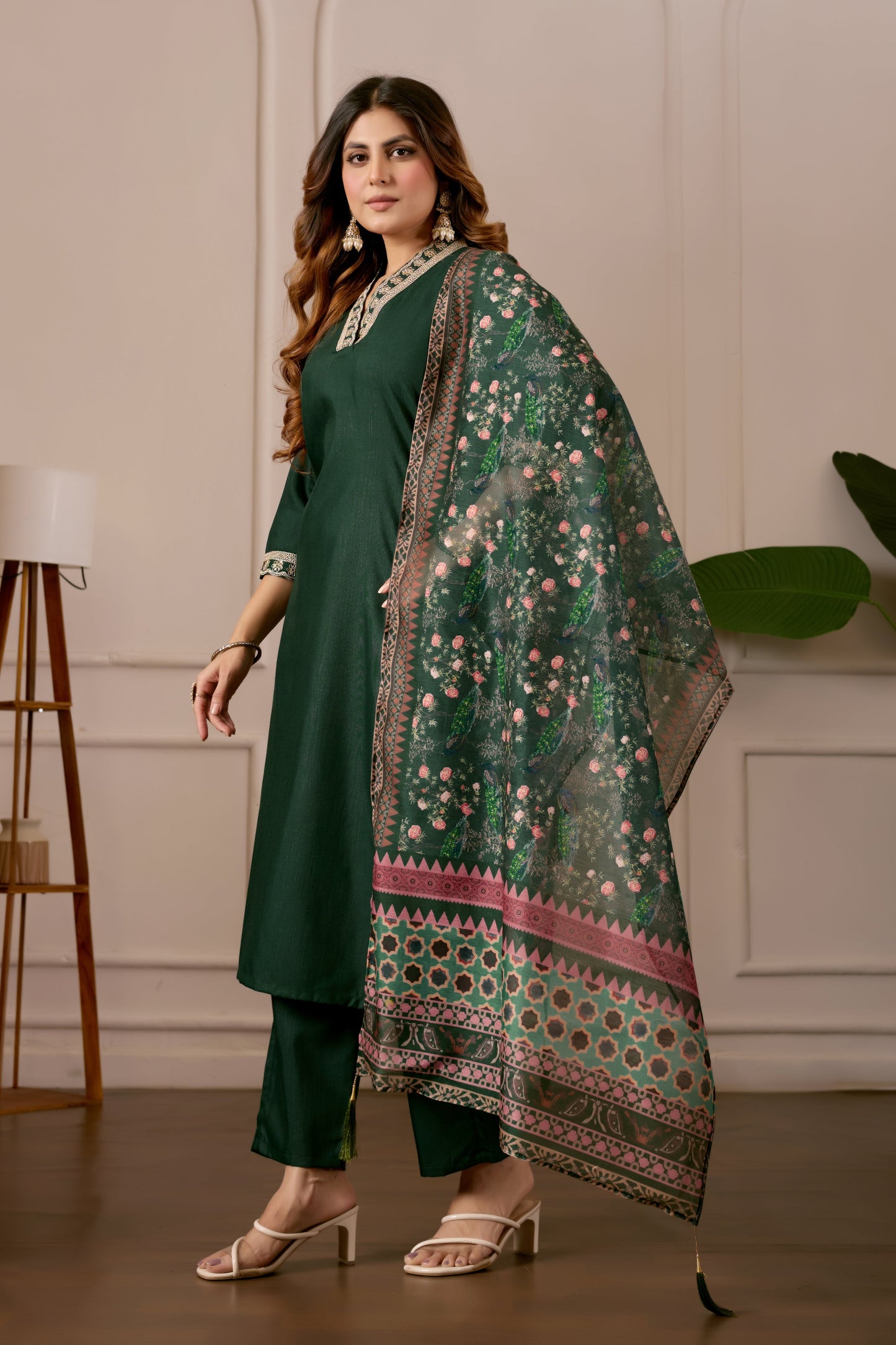 Green Embroidered Kurta Set with Printed Dupatta, 3 Piece Suit