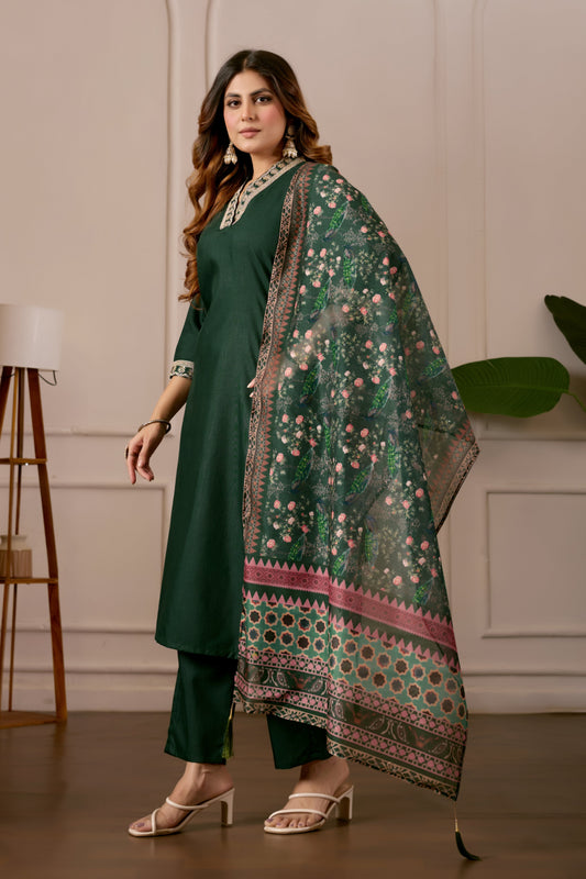 Green Embroidered Kurta Set with Printed Dupatta, 3 Piece Suit
