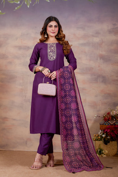 Purple Ethnic Embroidered Thread Work Kurta with Trousers & Dupatta.