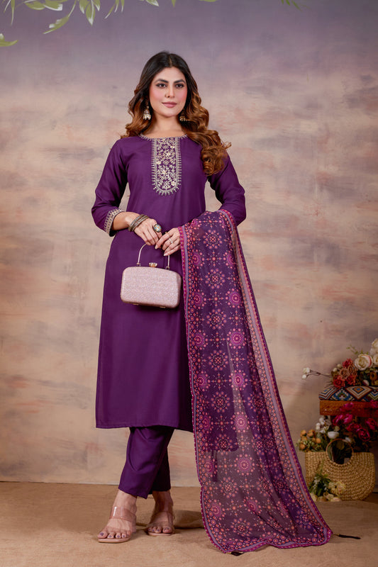 Purple Ethnic Embroidered Thread Work Kurta with Trousers & Dupatta.