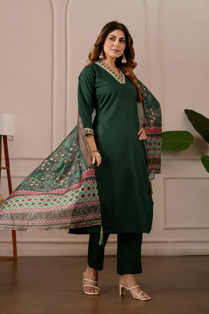 Green Embroidered Kurta Set with Printed Dupatta, 3 Piece Suit