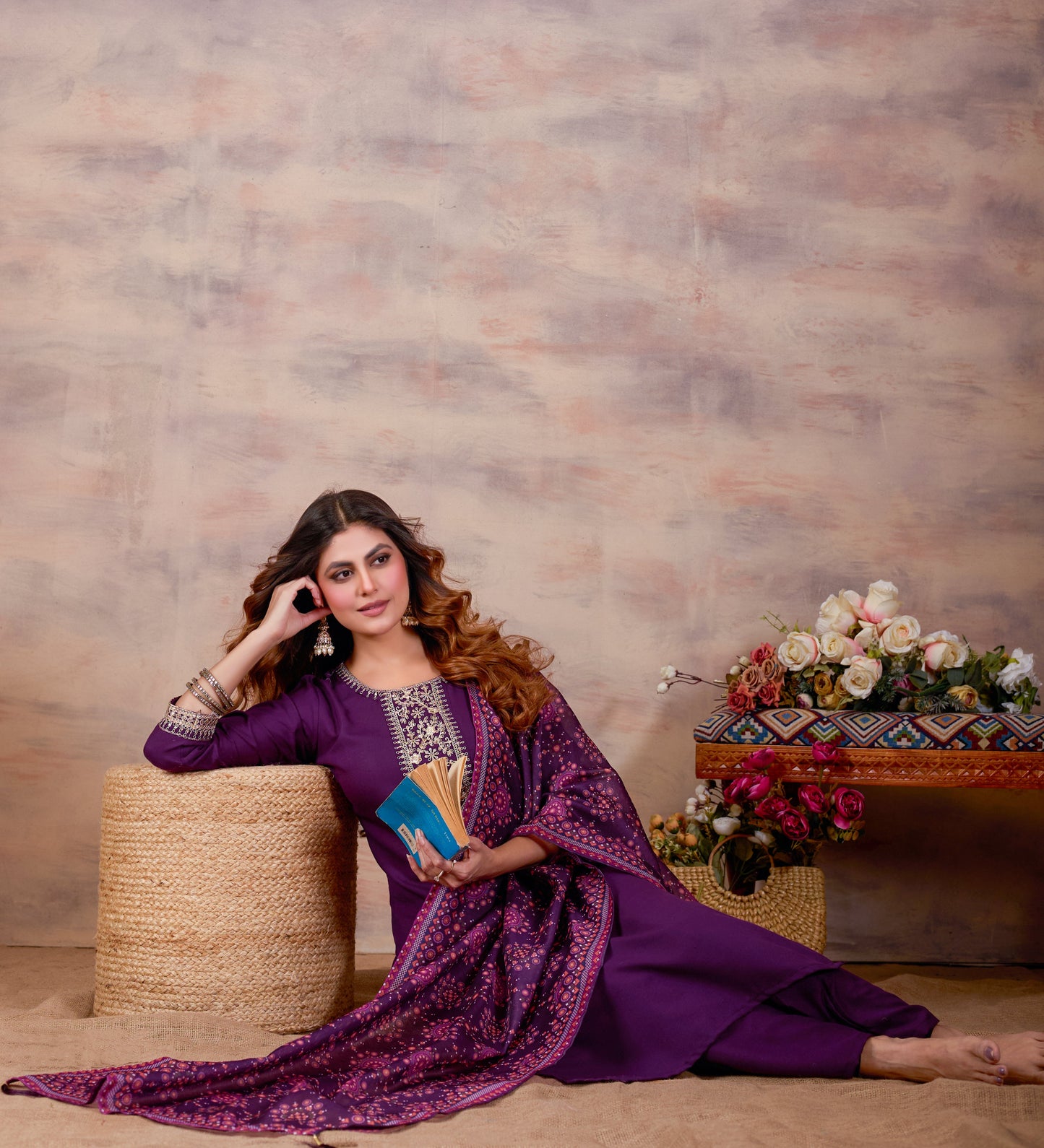 Purple Ethnic Embroidered Thread Work Kurta with Trousers & Dupatta.