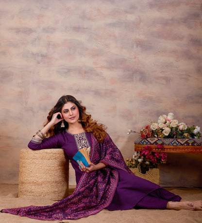 Purple Ethnic Embroidered Thread Work Kurta with Trousers & Dupatta.