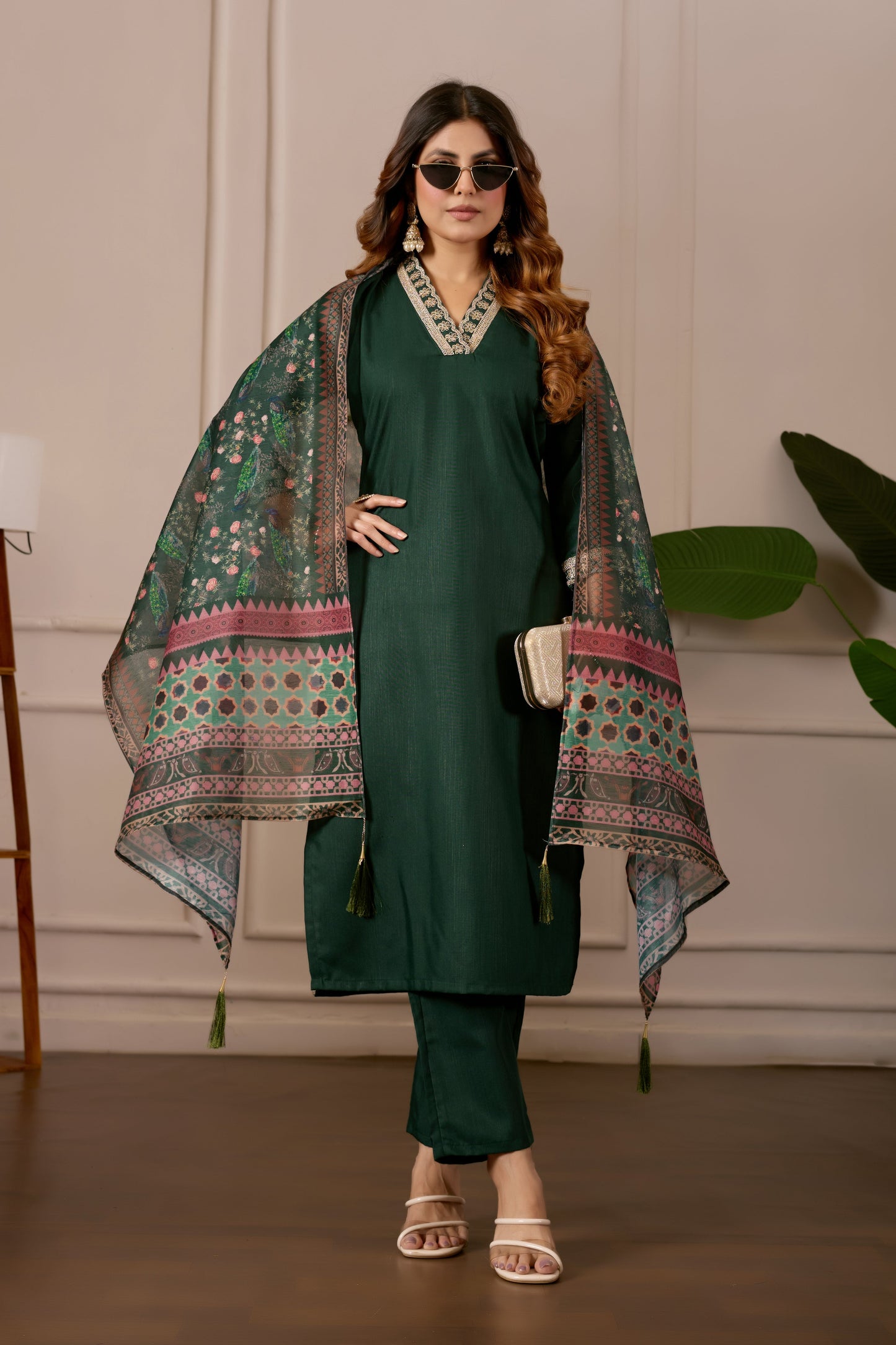 Green Embroidered Kurta Set with Printed Dupatta, 3 Piece Suit
