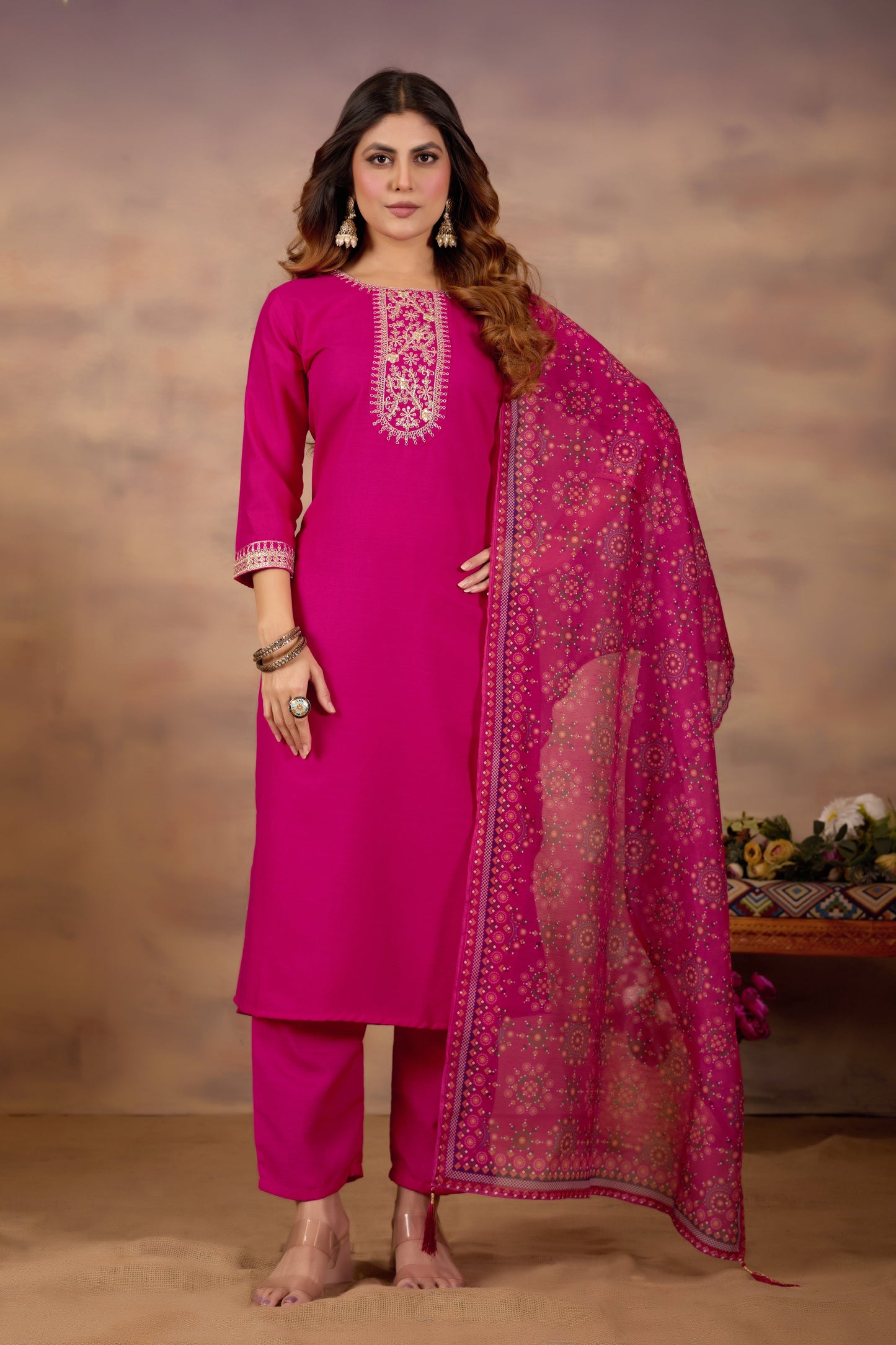Pink Ethnic Embroidered Thread Work Kurta with Trousers & Dupatta.