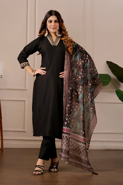 Black Embroidered Kurta Set with Printed Dupatta, 3 Piece Suit
